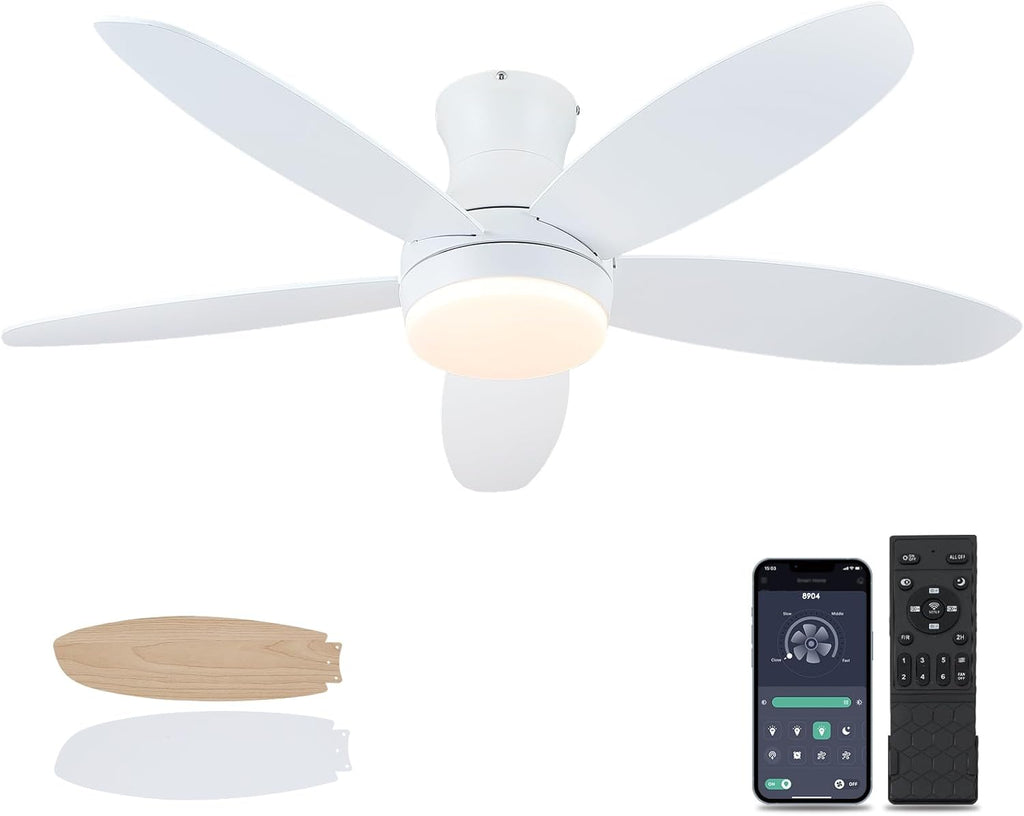 48 Inch Ceiling Fan with Light, White Flush Mount Ceiling Fan with Remote and APP Control, Dimmable and 6 Wind Speed, Modern Low Profile Fan Light for Bedroom, Covered Outdoor A101-B0DC6DDD5N