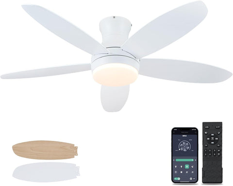 48 Inch Ceiling Fan with Light, White Flush Mount Ceiling Fan with Remote and APP Control, Dimmable and 6 Wind Speed, Modern Low Profile Fan Light for Bedroom, Covered Outdoor A101-B0DC6DDD5N