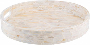 12.6" Decorative Round Serving Tray, Mother of Pearls Inlaid Coffee Table Tray w Insert Handles,Nacred Wooden Ottoman