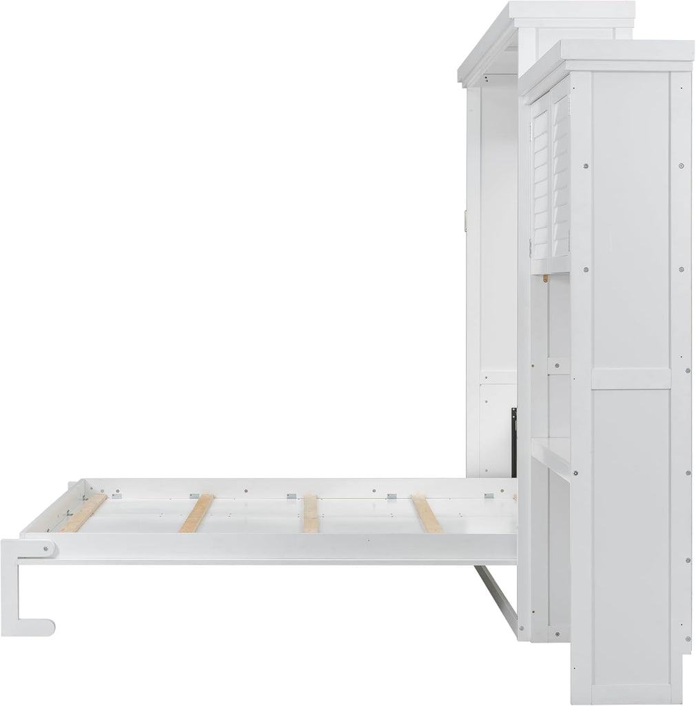 White Murphy Bed Queen with Shelves and Cabinet,Multifunctional Solid Wood Foldable Wall Bed with Louvered Style