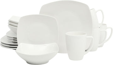 Zen Buffet White Porcelain Dinnerware Set for 4, Square Plates Bowls and Mugs, Chip and Scratch Resistant