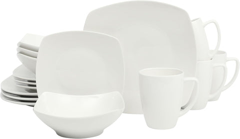 Zen Buffet White Porcelain Dinnerware Set for 4, Square Plates Bowls and Mugs, Chip and Scratch Resistant