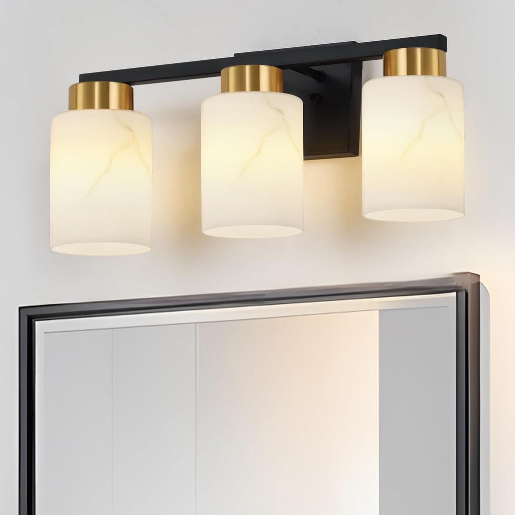3-Light Bathroom Light Fixtures, Modern Vanity Lights, Black and Gold Metal Wall Lamp with White Marble Glass