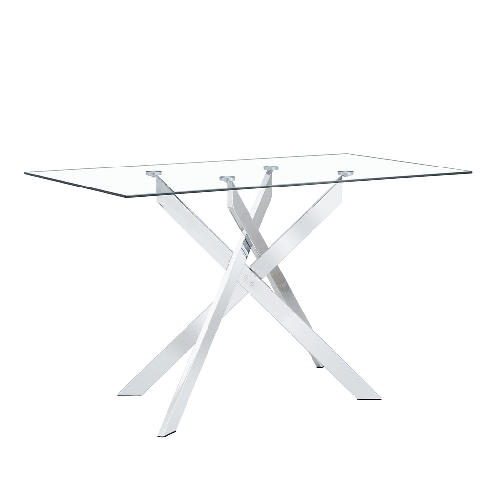 Rectangular Glass Dining Table, Tempered Glass Tabletop and Metal Legs, Modern Style Glass Kitchen Table (Silver