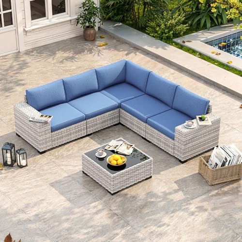 6-Piece Wicker Outdoor Patio Furniture Set | Blue All-Weather Resistant for Backyard, Garden & Porch