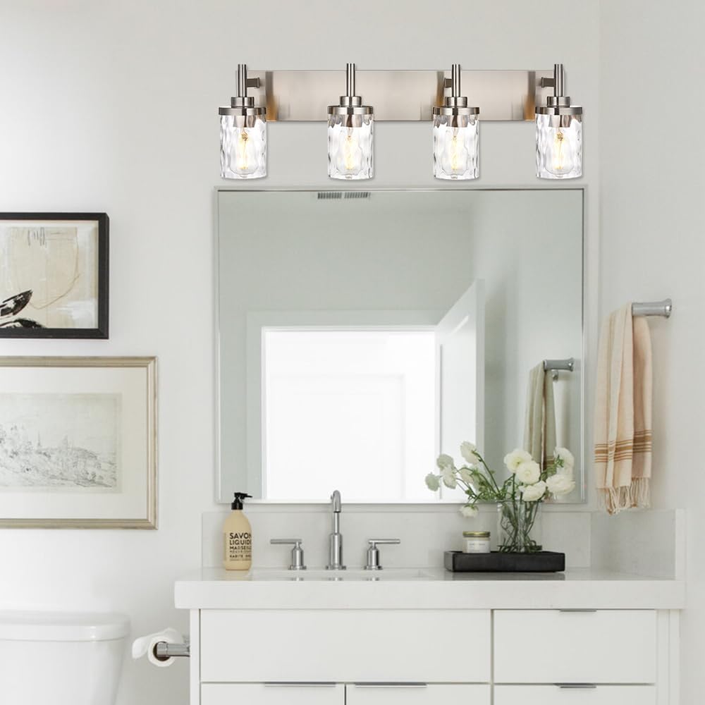 Bathroom Vanity Lighting Fixtures 4 Lights,Brushed Nickel Bathroom Vanity Lights with Clear Hammered Shade Wall