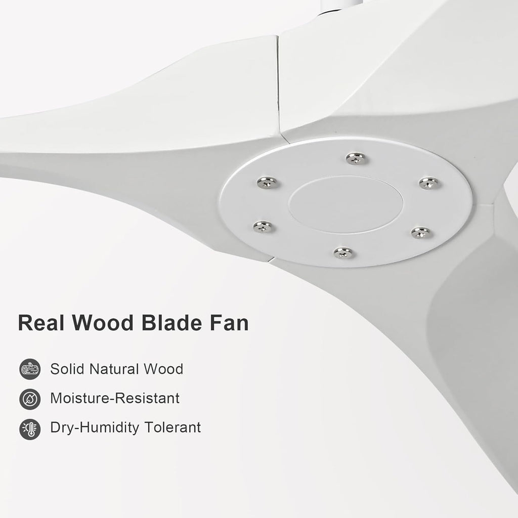 60 Inch White Ceiling Fan No Light，Indoor Outdoor 3 Blade Wood Ceiling Fans Without Lights for Patios Bedroom Living