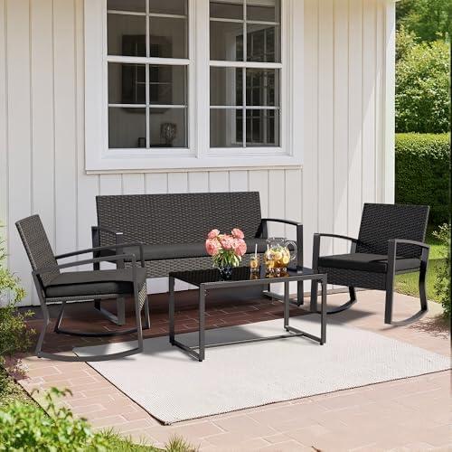 4-Piece Wicker Outdoor Patio Furniture Set - Rocking | Black for Patio, Garden & Porch