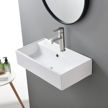 Contemporary 21" X 12" Porcelain Ceramic Wall Mounted Bathroom Vessel Sink, Commercial Rectangular One Hole Bowl Laundry Half Bath Small