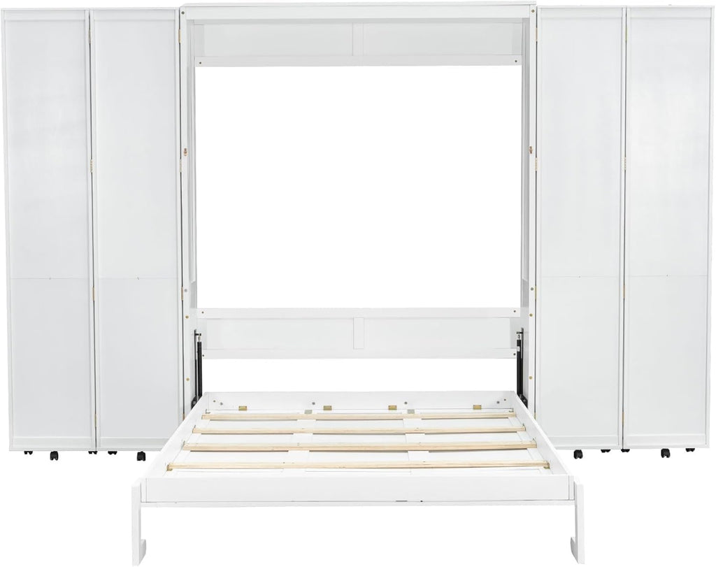 Queen Murphy Bed Cabinet with Storage Bookshelf Bookcase, Wood Hidden Foldable White Murphy Wall Bed with Storage