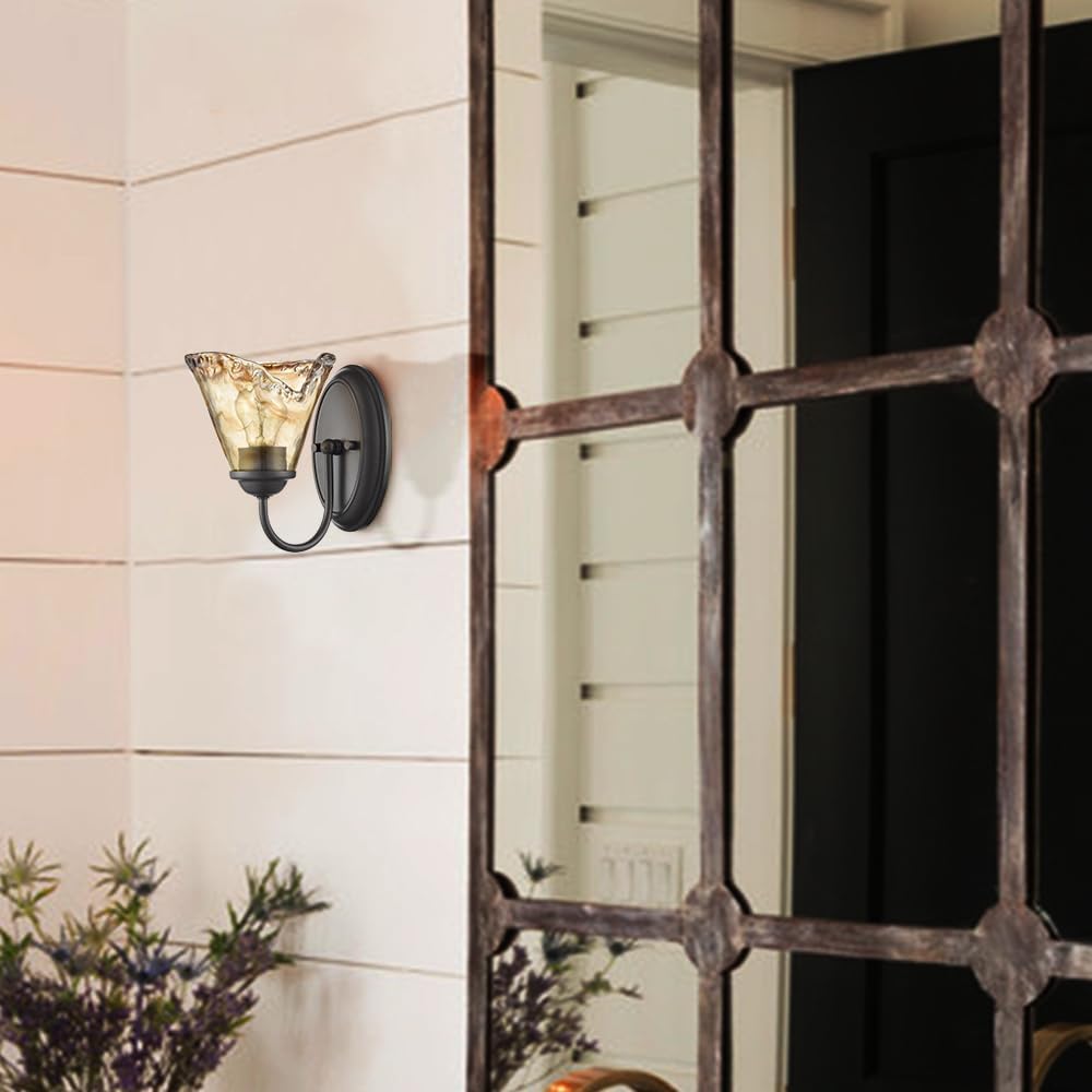 Rustic Wall Sconce Vintage Vanity Light with Amber Glow Glass Shade | Modern Wall Light Bathroom Living Room Hallway