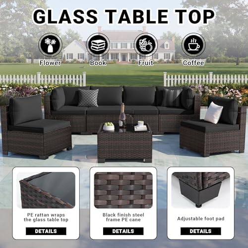 7-Piece Rattan Outdoor Patio Furniture Set - Conversation | Black for Patio, Garden & Porch