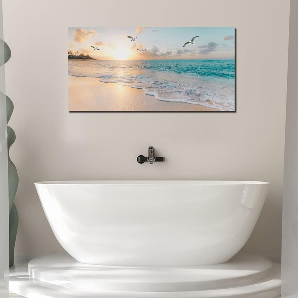 Beach Wall Art Decor Ocean Canvas Picture for Wall Gold Sunset Painting Blue Seascape Theme Art Print Home Office