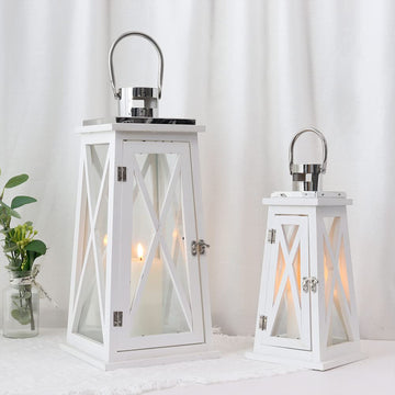 Set of 2 Farmhouse Wood Candle Lantern 22'' &15.5'' H Decorative Candle Holders with Tempered Glass Rustic Hanging