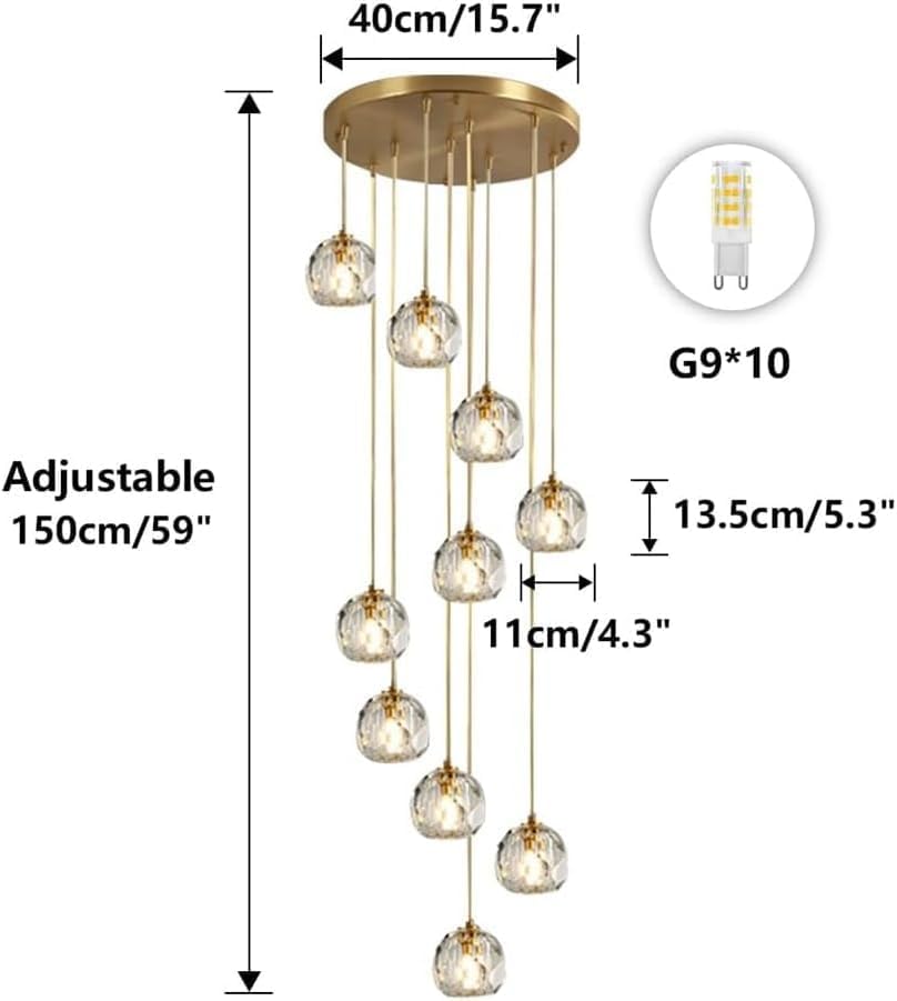 Chandelier Light Modern Chandelier Copper Crystal Pendant Light 47" Long Adjustable Ceiling Light for Living Room Staircase Hotel Ceiling Lighting Fixture(10 Head)