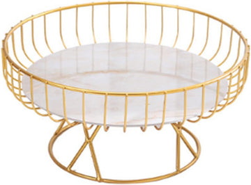 Metal Wire Fruit Basket, 9 inch Pedestal Fruit Bowl with Marble Tray, Decorative Iron Wire Bread Snacks Holder