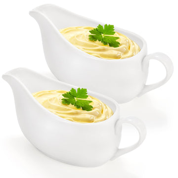 2 Pcs 15 oz Gravy Boat, Ceramic White Easy-Pour Gravy Boat for Dining, Holiday Meals & Parties