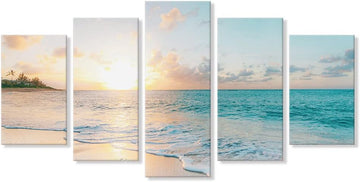 5 Pieces Beach Sunset Canvas Wall Art Blue Sea Prints Romantic Ocean Waves Pictures Painting Bedroom Home Decorations