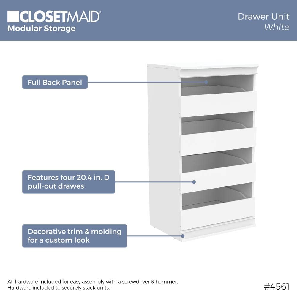 Modular Storage Unit with 4 Drawers, Wood Closet Organizer, Stacking, Full Backer, Storage, Decorative Trim, White