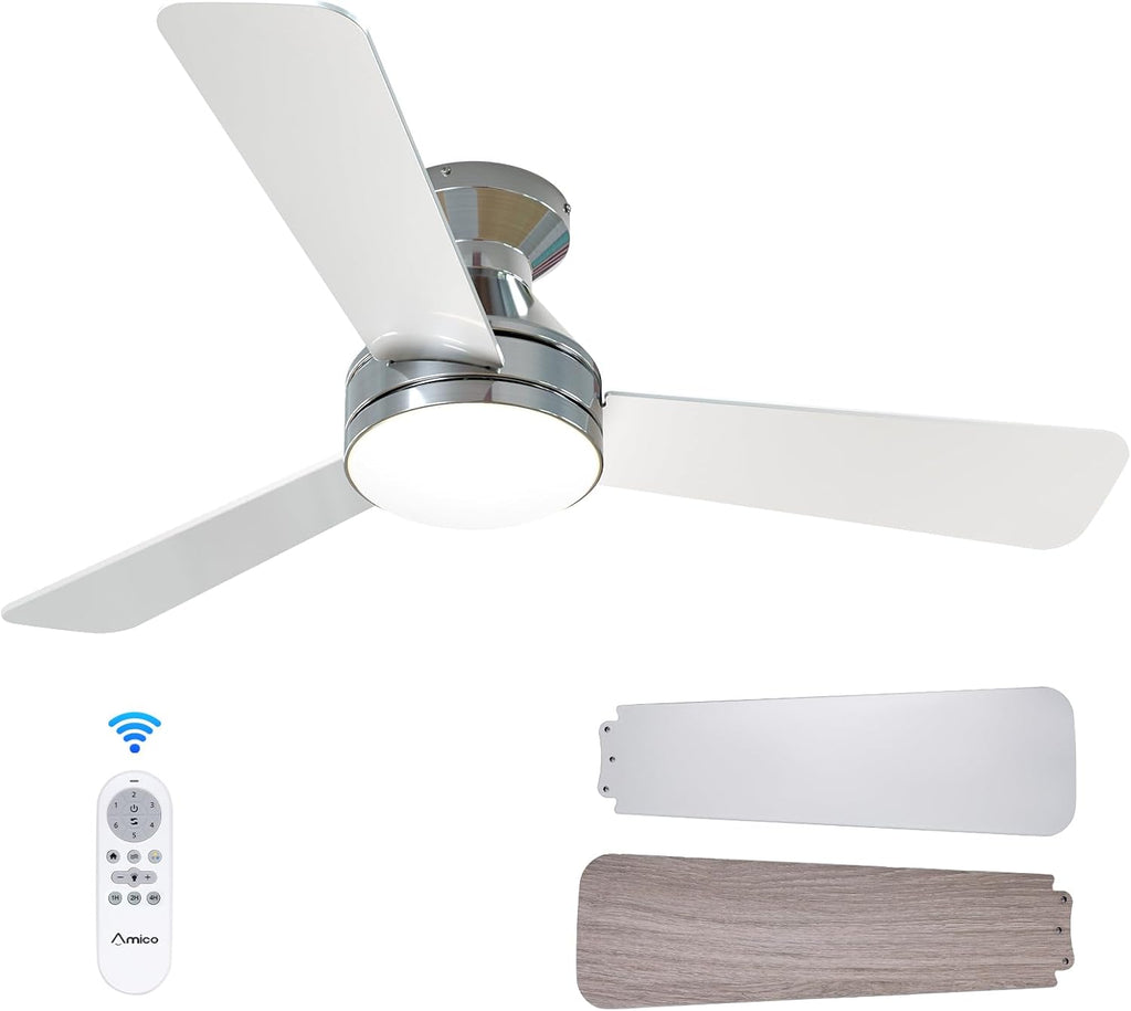 Ceiling Fans with Lights, 42 inch Low Profile Ceiling Fan with Light and Remote Control, Flush Mount, Reversible, 3CCT, Dimmable, Noiseless, Nickel Ceiling Fan for Bedroom, Indoor/Outdoor Use A102-B0C61J8S1Z