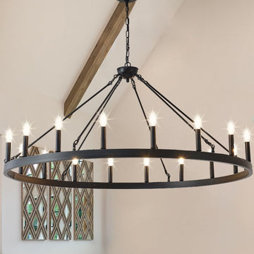 Inspired Camino Style Chandelier - 53 Inch Large Black Wagon Wheel Chandelier 18-Light Farmhouse Wagon Wheel Chandeliers Round Industrial Ceiling Light fixtures for Outdoor Porch high Ceilings Living Dining Room Foyer Entryway