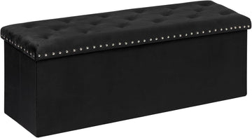 Black Storage Ottoman Bench , Folding Velvet Chest with Benches Foot Rest Stool, Large Long Shoes Chest