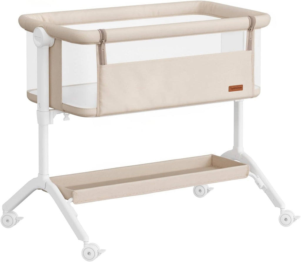 Bassinet Bedside Sleeper, All-Mesh, 5 Heights, Locking Wheels(Beige) | Washable mattress, oversized locking wheels