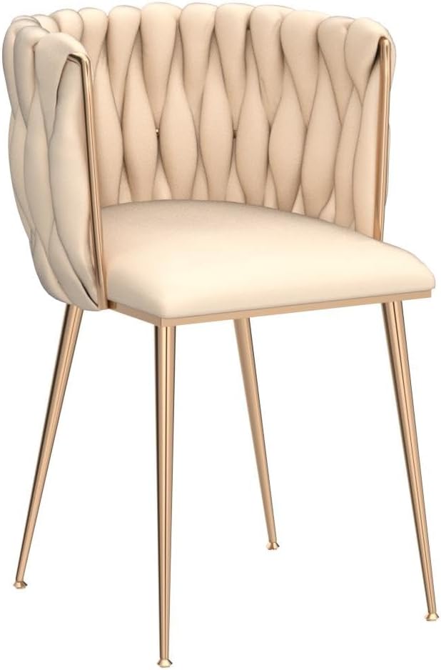 Woven Velvet Dining Chairs Set of 2, Upholstered Accent Chairs with Gold Metal Legs, Modern Dining Room Chairs
