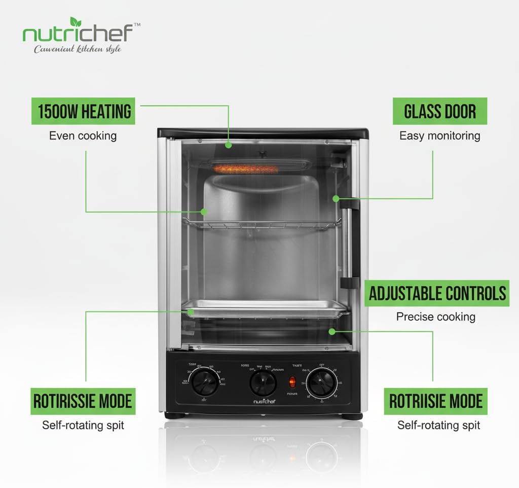 Multi-Function Rotisserie Countertop Oven | 24 Quart Vertical Glass Door Convection Oven, for Rotisserie Roasting & Broiling | Timer & Temperature Control | 13.4 x 12.2 x 18.9