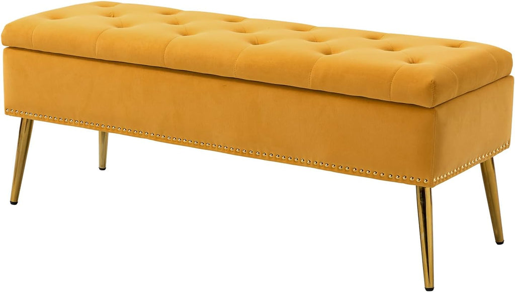Modern Velvet Storage Ottoman Bench with Gold Base & Nailhead Trim, Upholstered Bedroom Bench for End of Bed