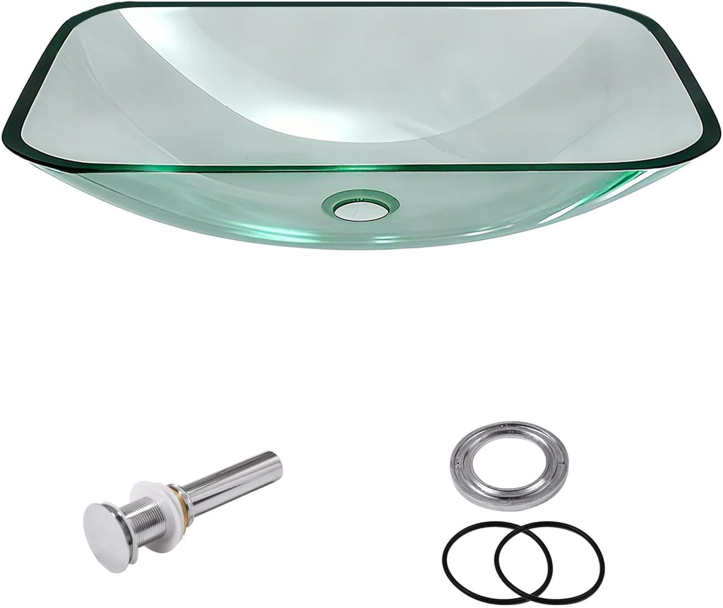 Bathroom Vessel Sink Tempered Glass Bowl Vessel Sink with Pop-up Drain Combo 20-1/4 x 14-1/2 Inch Transparent