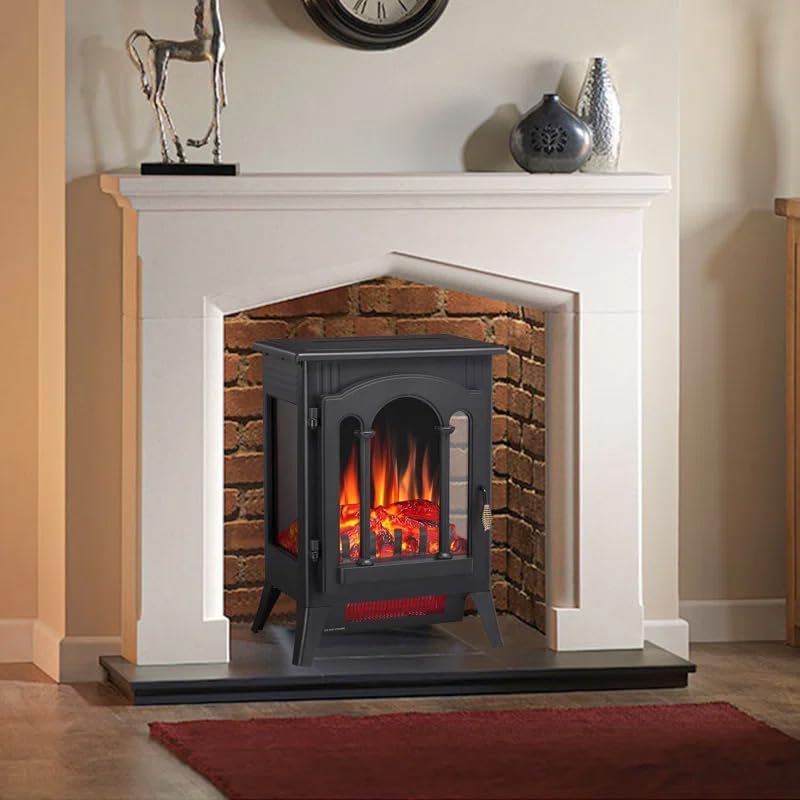 16 Inch Freestanding Electric Fireplace Stove Heater, 1500W Infrared Space Heater with Thermostat and Cool Touch Exterior