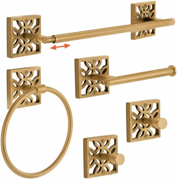 5-Piece Bathroom Hardware Set - Antique Gold (Muted, Brushed Finish - Not Shiny), Wall Mounted Towel Bar, Towel Ring