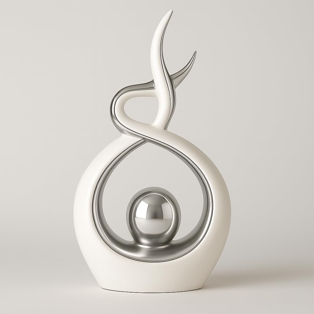 White & Silver Abstract Ceramic Ornament - Modern Decorative Sculpture , Shelf & Coffee Table Decor - Minimalist Home