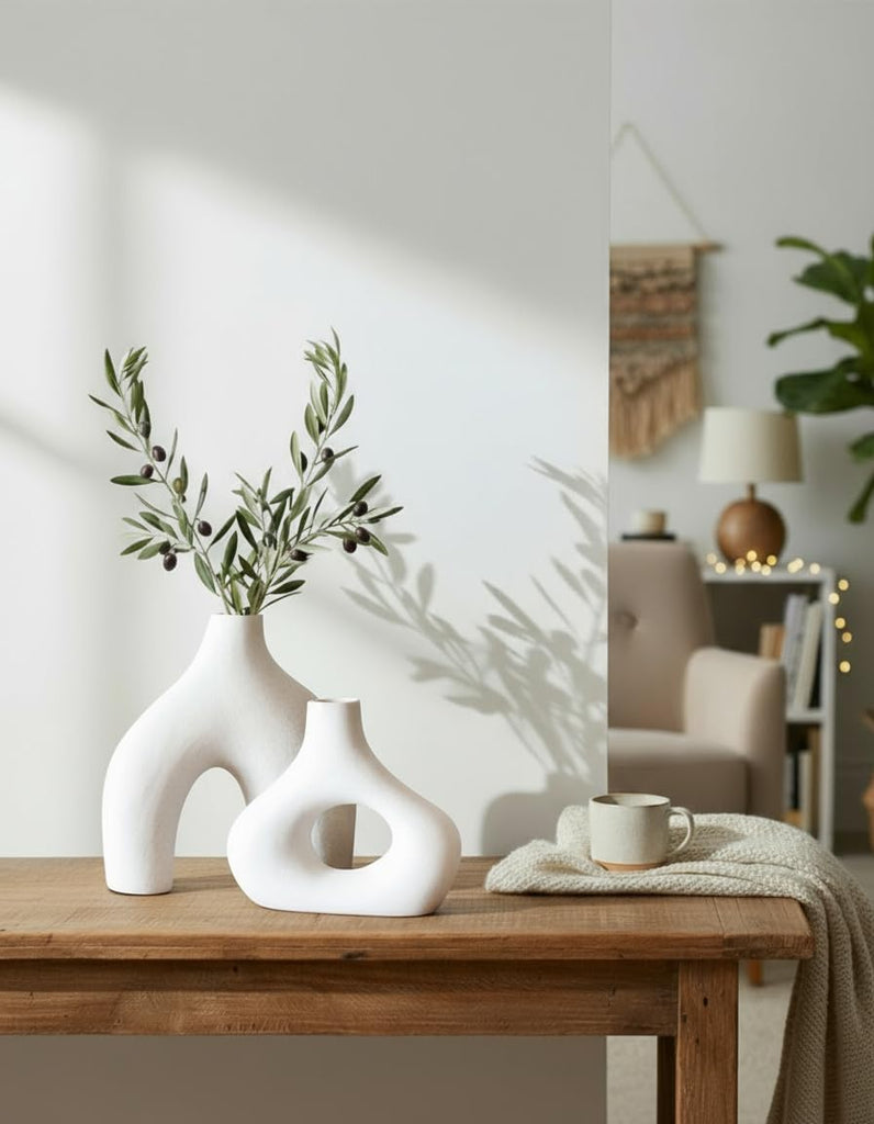 Donut Vase, Set of 2 - White Large Ceramic Vase - Minimalist Nordic, Hollow | Table Centerpiece, Olive Plant, Wedding
