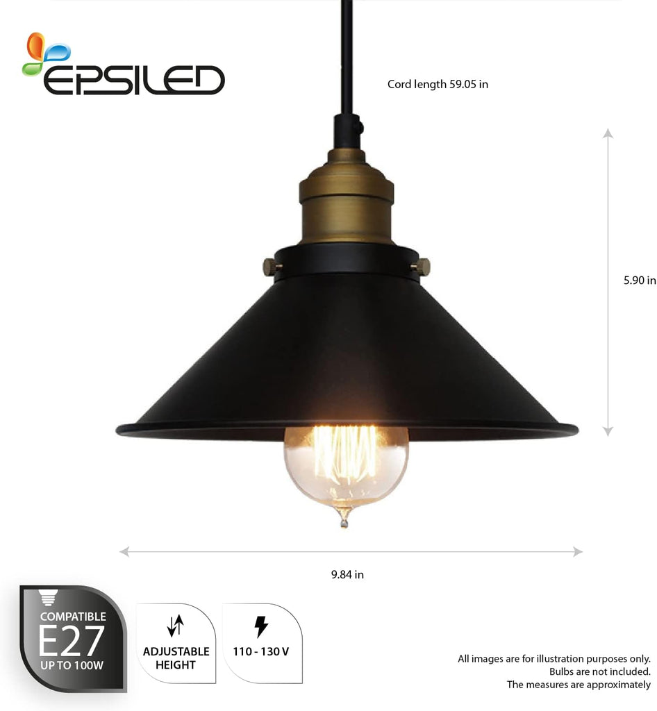 Black Industrial Pendant Light, 9.84" Vintage Hanging Light Fixture, E27 Ceiling Lamp for Kitchen Island, Dining Room