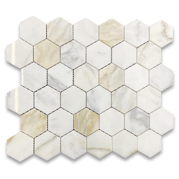 Calacatta Gold Marble 2 inch Hexagon Mosaic Tile Polished Kitchen Bath Wall Floor Backsplash Shower (1 Sheet)