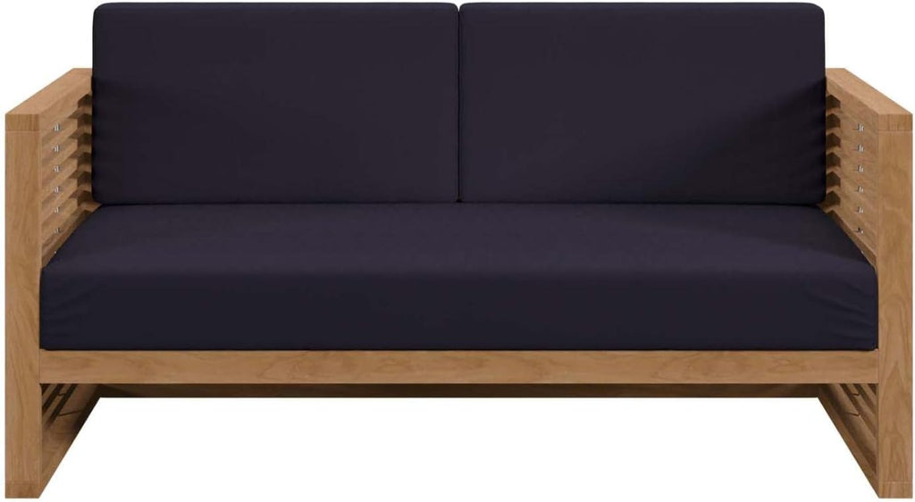 Carlsbad Modern Teak Wood/Fabric Patio Loveseat in Navy/Natural