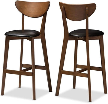 30" Bar Stools, Faux Leather and Rubberwood, Black and Walnut Brown Finish, Set of 2, Bentwood Back, Mid-Century