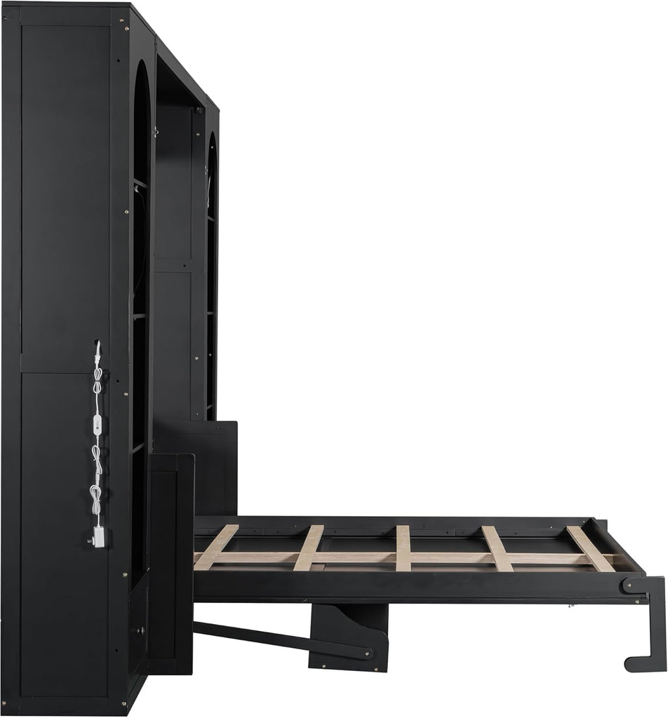 Queen Murphy Bed with Desk and Storage Bookcase & LED Light, Solid Wood Murphy Wall Bed with Storage Shelves and Drawers for Adults Bedroom Office (Queen,Black W/LED)