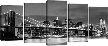 New York Brooklyn Bridge Canvas Wall Art Night View 5 Panels Modern Landscape Artwork Canvas Prints Abstract Pictures - Set of 5
