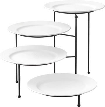 4 Tiered Serving Stand with 4 White Porcelain Plates 10 Inch Round Trays Black Metal Dessert Stand Rotating Serving