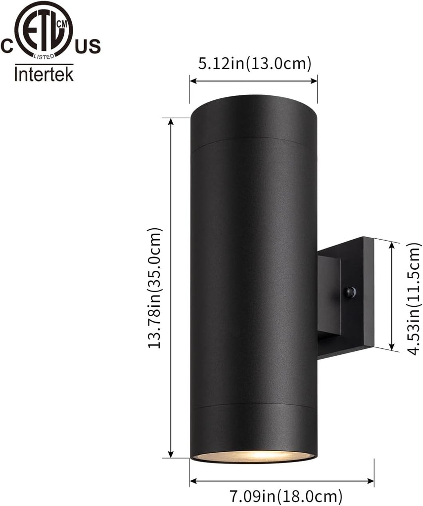 14" Modern Outdoor Porch Light Patio Light in 2 Lights with Aluminum Cylinder and Tempered Glass Cover Waterproof Wall Sconce 2 Pack (Matte Black)