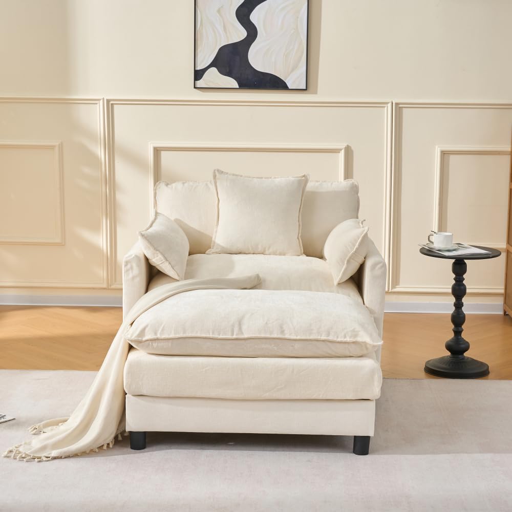 Luxe Oversized Lounge Chair and Ottoman — Beige Chenille