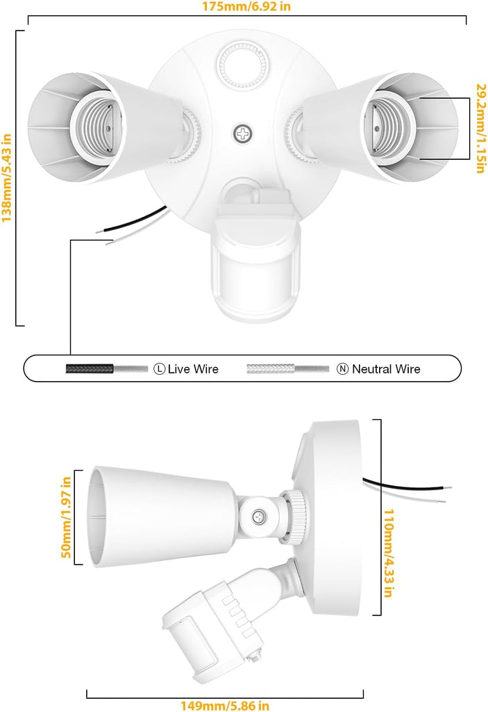 2 Head Motion Sensor Outdoor Lights, Adjustable Twin PAR38 Holder, 2 Pack Hardwired Outdoor Flood Light Fixture 300W