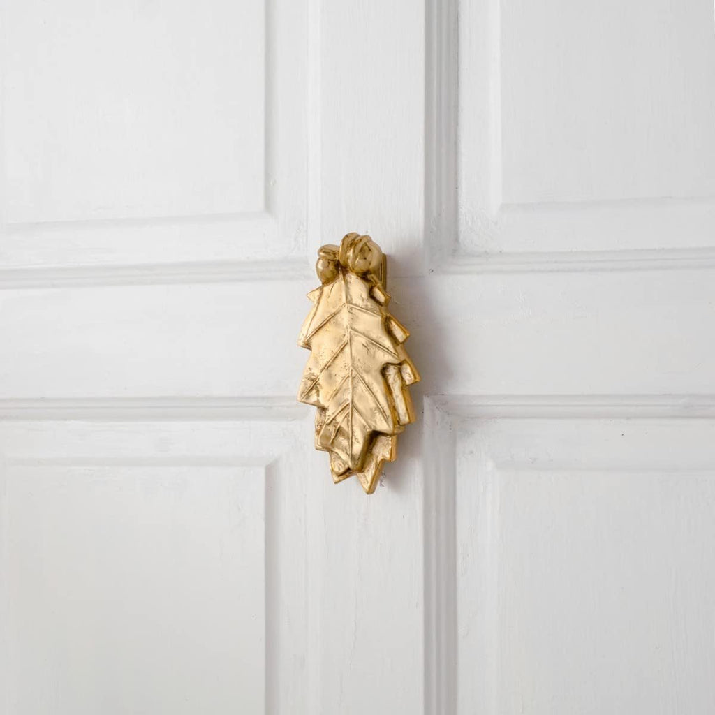 Oak Leaf Door Knocker Solid Brass Polished Finish 6 Inch Decorative Front Door Hardware with Mounting Screws