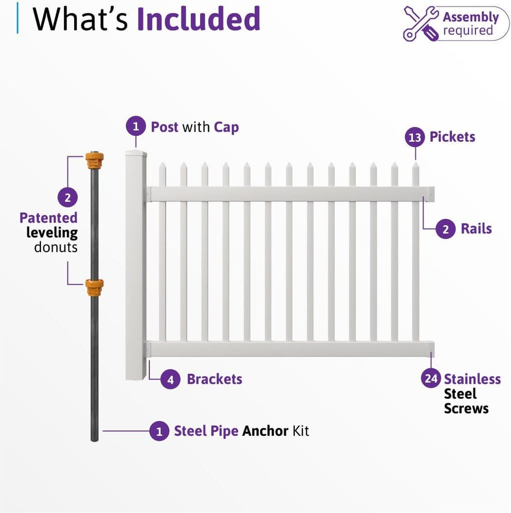 4ft H x 6ft W (1 Panel + 1 Post) No Dig Nantucket Fence Kit, White Vinyl Picket Fence Panel, Easy DIY Installation Panel Kit