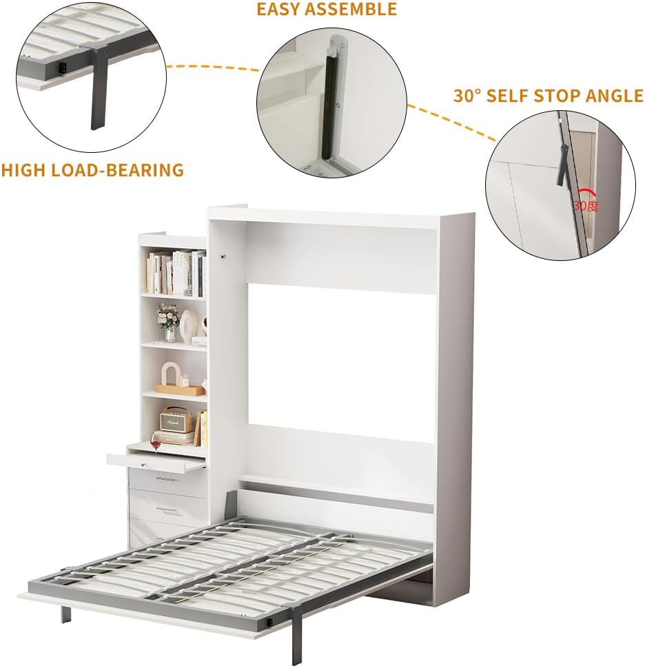 Full Murphy Bed, Morden Full Vertical Murphy Bed Frame with Shelf and Drawers, Wall Bed Hidden Bed Gas Struts, White