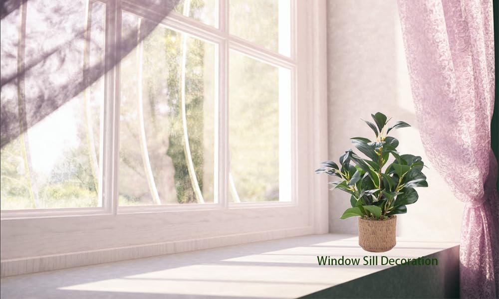 12.6" Fake Plants in Brown Ceramic Vase Realistic Ficus Leaf Faux Plant for Desk Book Shelf Bathroom Office Kitchen