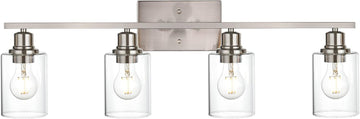 Industrial Brushed Nickel Wall Sconce with Clear Glass Shade and Metal Base,4 Light Bathroom Vanity Lighting Fixture